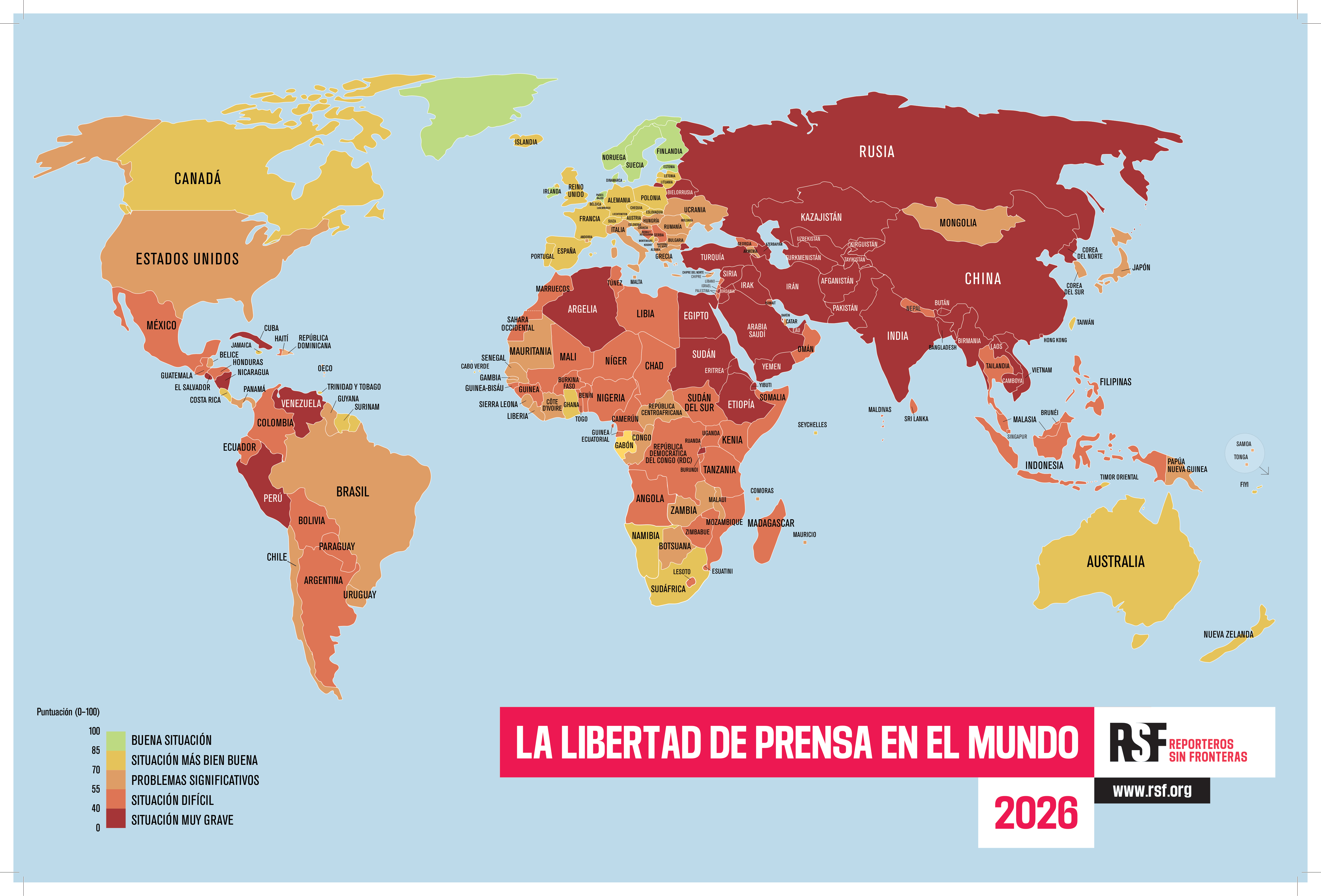 Clasificación Mundial de la Libertad de Prensa 2026 de Reporteros Sin Fronteras